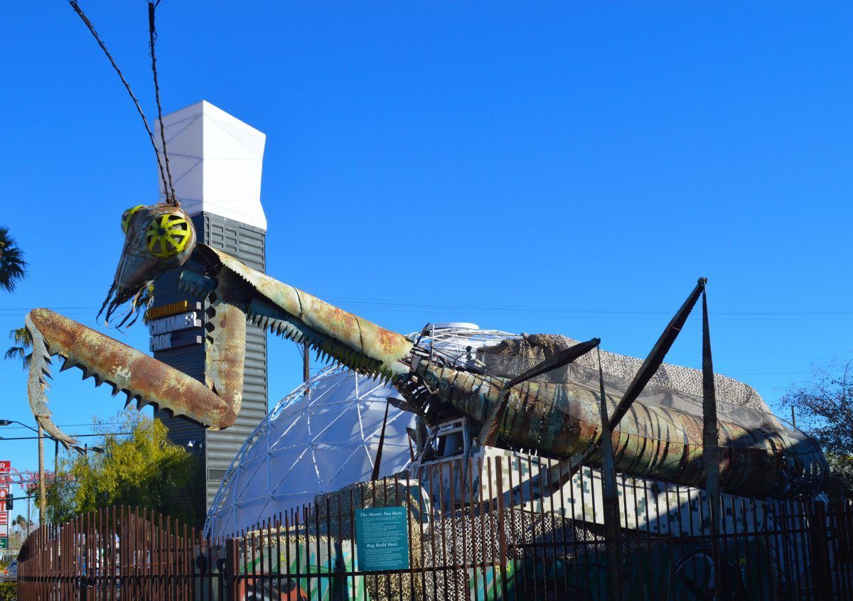 The giant praying mantis at Container Park in Downtown Las Vegas
